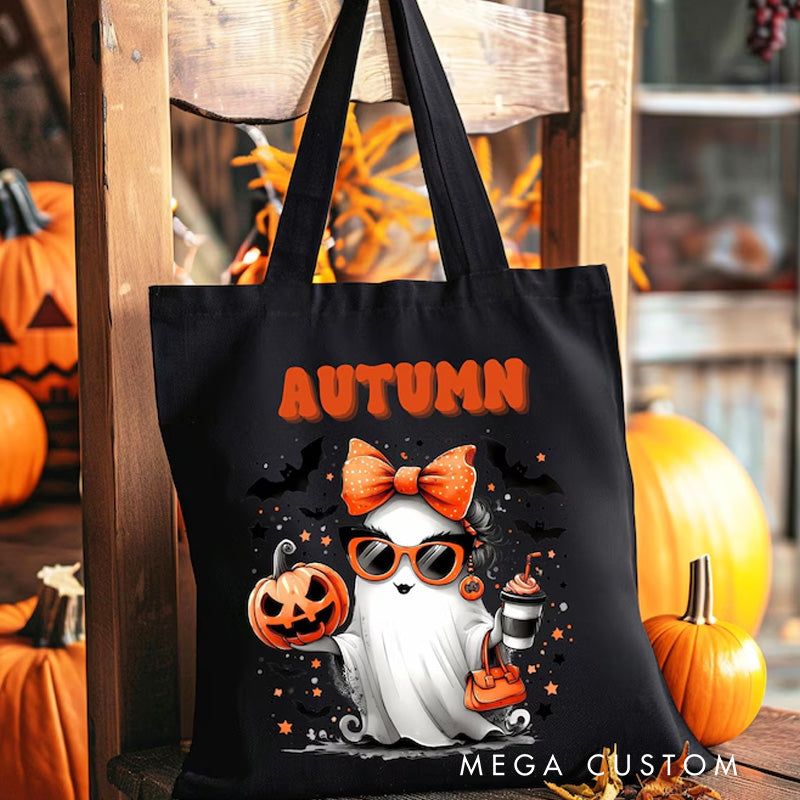 【🔥Big Sale🔥】Personalized Trick or Treat Tote Bag Halloween Bag for Trick or Treating Cute Girl Ghost with Bow Bag for Candy