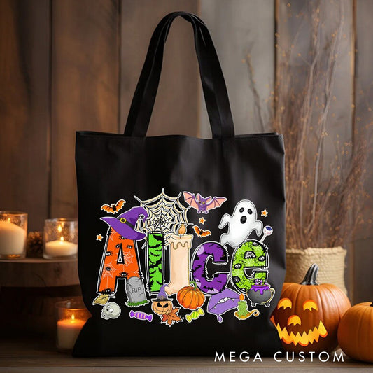 【🔥Big Sale🔥】Personalized Halloween Tote Bag with Name Halloween Treat Bags for Kids Kids Halloween Bag Trick or Treat Bag Halloween Gift