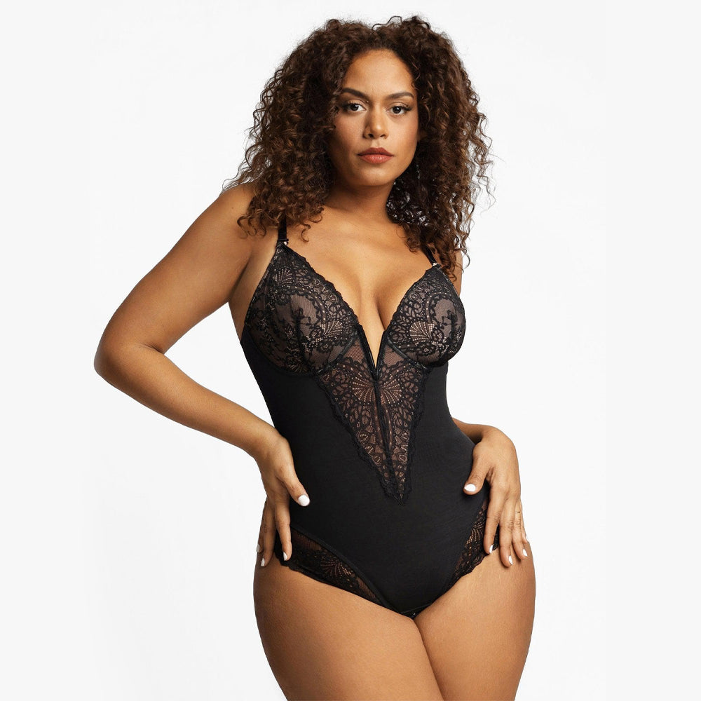 【🔥Big Sale🔥】Shapewear Lace Deep-V Neck Bodysuits or Faux Leather Skirts