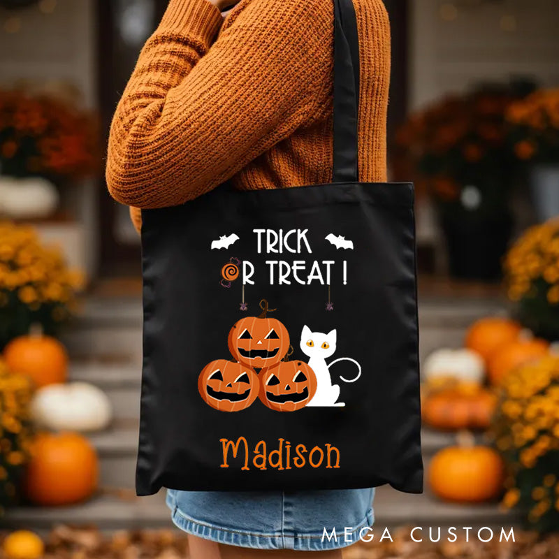 【🔥Big Sale🔥】Personalized Trick or Treat Featuring Pumpkins Cats and Bats for a Fun Halloween Accent Tote Bag
