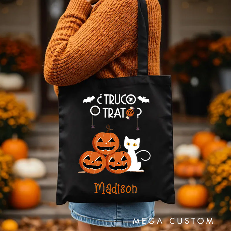 【🔥Big Sale🔥】Personalized Trick or Treat Featuring Pumpkins and Cats for a Fun Halloween Celebration Tote Bag
