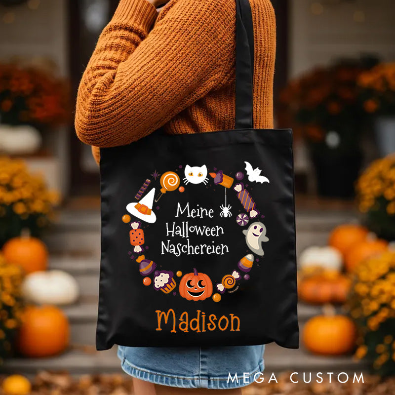 【🔥Big Sale🔥】Personalized Halloween Treat Wreath Featuring Pumpkins Candy and Cats for a Festive Celebration Tote Bag