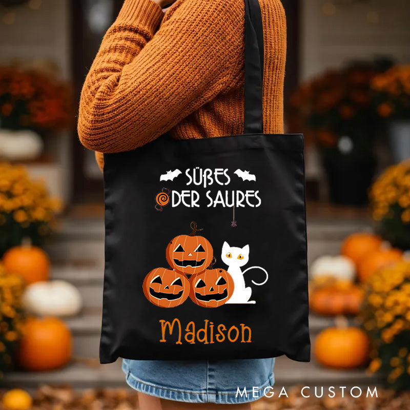 【🔥Big Sale🔥】Personalized Trick or Treat Featuring Pumpkins Cats and Ghosts for a Fun Halloween Accent Tote Bag