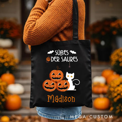 【🔥Big Sale🔥】Personalized Trick or Treat Featuring Pumpkins Cats and Ghosts for a Fun Halloween Accent Tote Bag