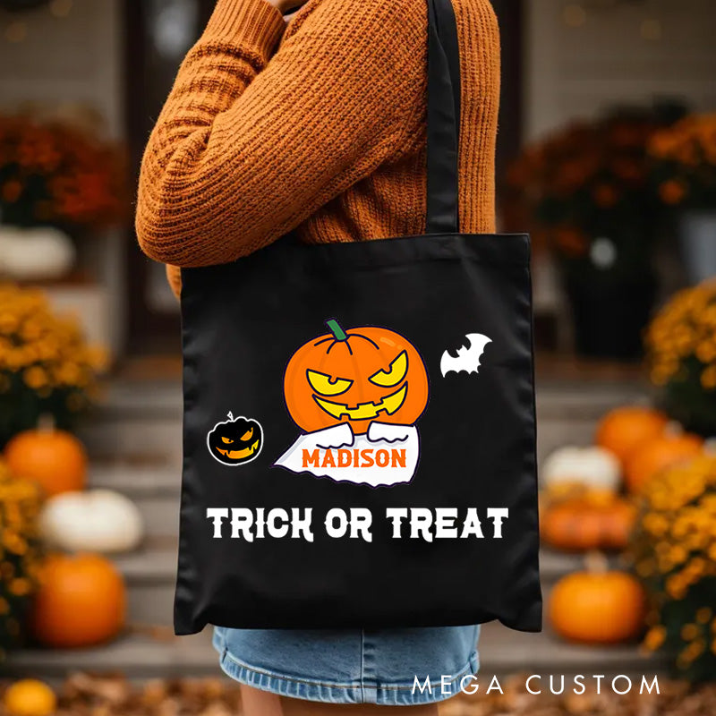 【🔥Big Sale🔥】Personalized Pumpkin Head Featuring Name for a Fun and Spooky Trick or Treat Tote Bag