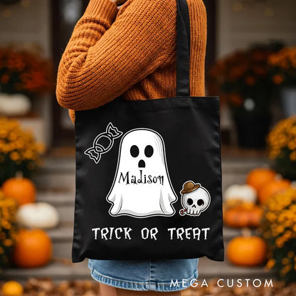【🔥Big Sale🔥】Personalized Ghost Featuring Name and Skull Accents for a Cute Halloween Celebration Tote Bag