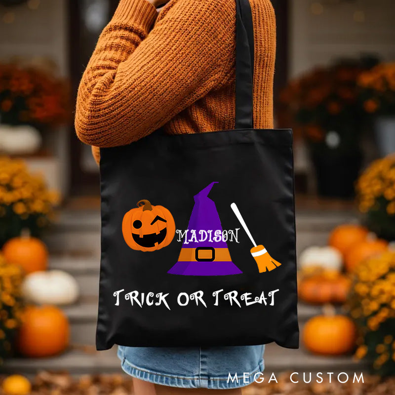 【🔥Big Sale🔥】Personalized Witch Hat and Pumpkin Featuring Name for a Festive Halloween Accent Tote Bag