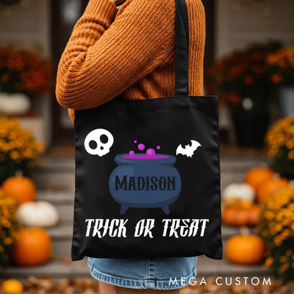 【🔥Big Sale🔥】Personalized Cauldron Featuring Name and Halloween Symbols for a Spooky Trick or Treat Tote Bag