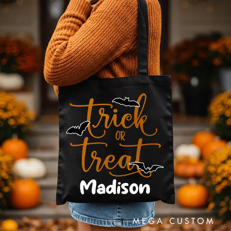 【🔥Big Sale🔥】Personalized Trick or Treat Featuring Elegant Typography and Name for a Stylish Halloween Tote Bag