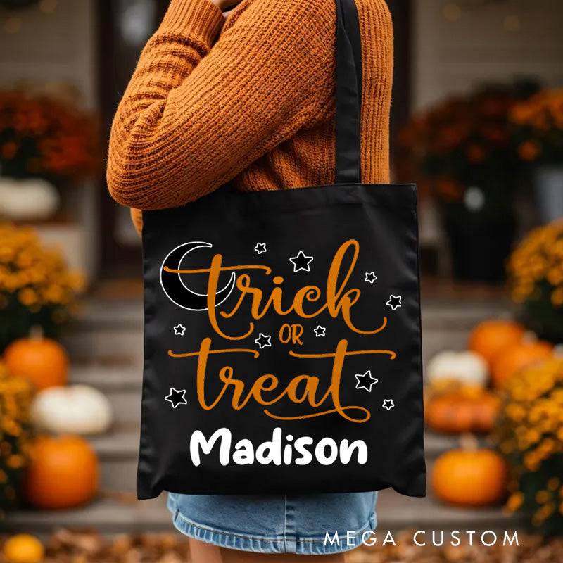 【🔥Big Sale🔥】Personalized Trick or Treat Featuring Moon Stars and Name for a Magical Halloween Accent Tote Bag
