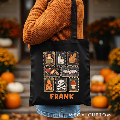 【🔥Big Sale🔥】Personalized Autumn Stamps Canvas Tote Bag with Name Halloween Stamps Tote Trick or Treat Bag Ghouls Gift