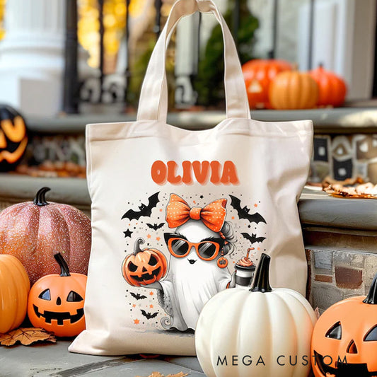 【🔥Big Sale🔥】Personalized Trick or Treat Tote Bag Halloween Bag for Trick or Treating Cute Girl Ghost with Bow Bag for Candy
