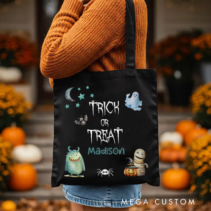 【🔥Big Sale🔥】Personalized Trick or Treat Illustration Featuring Monster Ghost and Name for a Fun Halloween Celebration Tote Bag