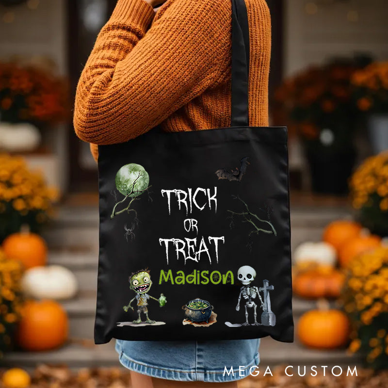 【🔥Big Sale🔥】Personalized Trick or Treat Illustration Featuring Skeleton Bat and Name for a Creepy Halloween Decoration Tote Bag