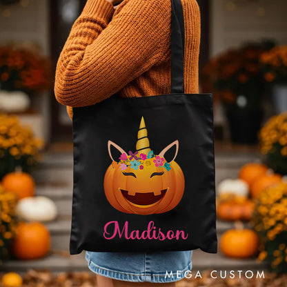 【🔥Big Sale🔥】Personalized Pumpkin Illustration with Floral Crown Featuring Name for a Unique Halloween Accent Tote Bag