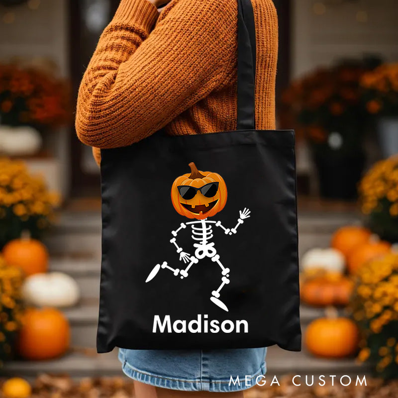 【🔥Big Sale🔥】Personalized Skeleton Illustration with Pumpkin Head Featuring Name for a Playful Halloween Accent Tote Bag