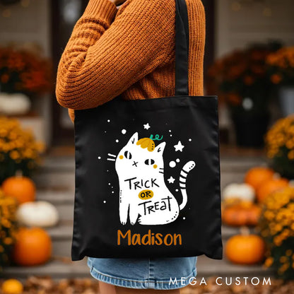 【🔥Big Sale🔥】Personalized Black Cat Trick or Treat Illustration Featuring Name for a Cute and Spooky Halloween Accent Tote Bag