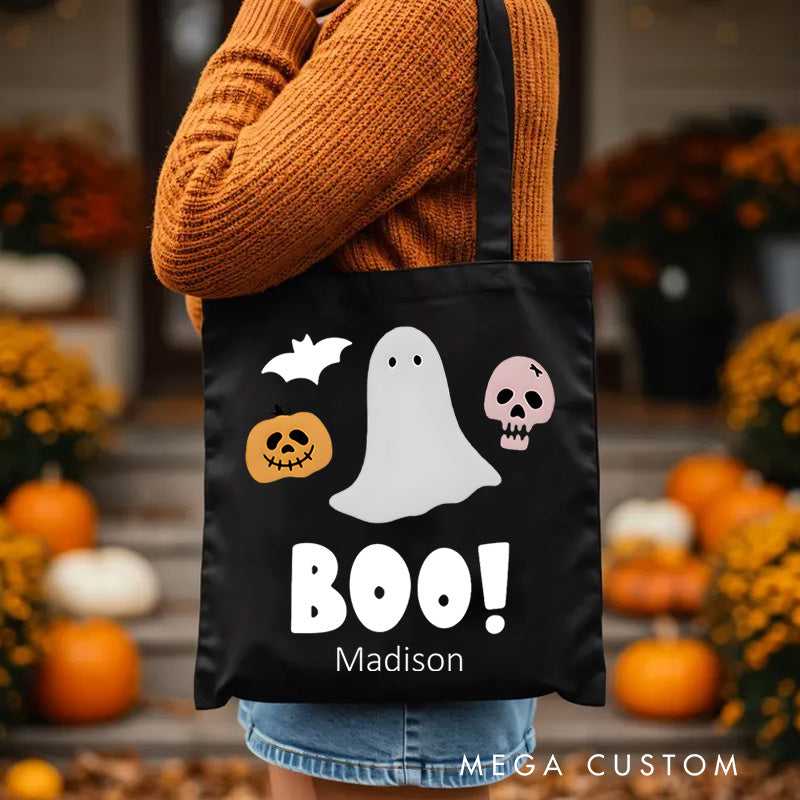 【🔥Big Sale🔥】Personalized Boo Ghost Illustration Featuring Name for a Fun and Spooky Halloween Decoration Tote Bag