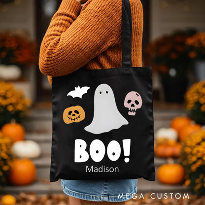 【🔥Big Sale🔥】Personalized Boo Ghost Illustration Featuring Name for a Fun and Spooky Halloween Decoration Tote Bag
