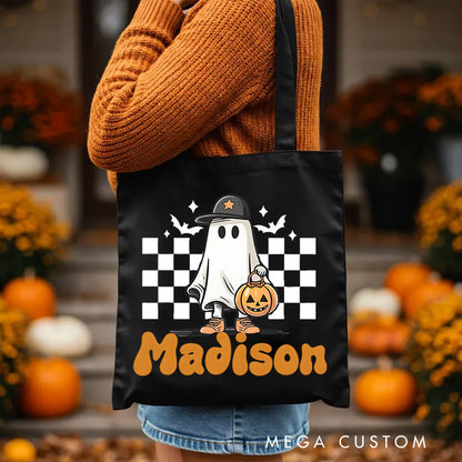 【🔥Big Sale🔥】Personalized Ghost and Checkered Pattern Illustration Featuring Name for a Unique Halloween Accent Tote Bag