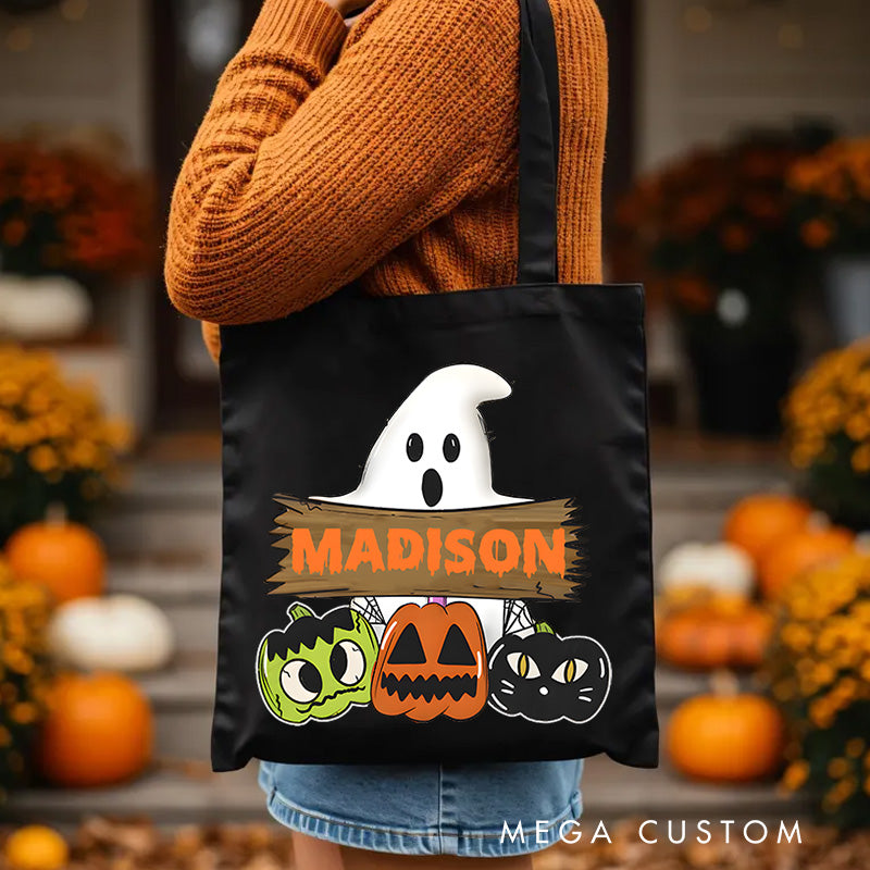 【🔥Big Sale🔥】Personalized Ghost and Pumpkin Illustration Featuring Name for a Cute and Festive Halloween Accent Tote Bag
