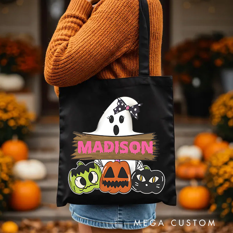 【🔥Big Sale🔥】Personalized Ghost and Pumpkin Illustration Featuring Name with Playful Details for a Halloween Celebration Tote Bag