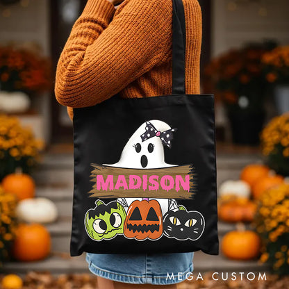 【🔥Big Sale🔥】Personalized Ghost and Pumpkin Illustration Featuring Name with Playful Details for a Halloween Celebration Tote Bag
