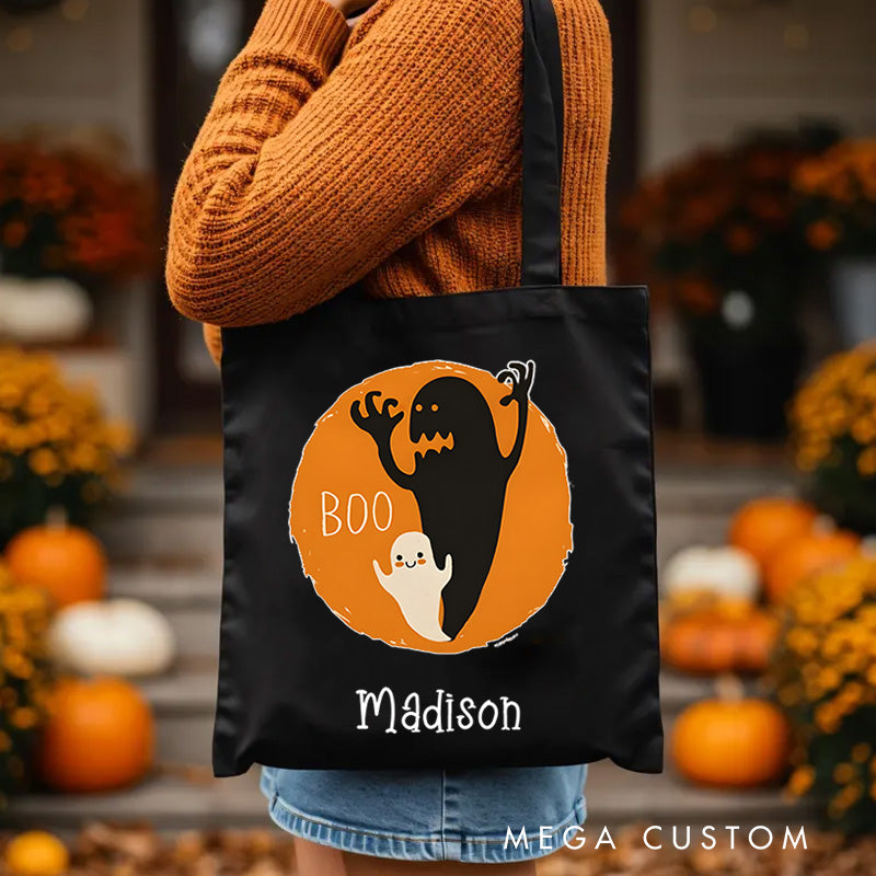 【🔥Big Sale🔥】Personalized Boo Ghost Illustration Featuring Name with Orange Background for a Fun Halloween Celebration Tote Bag
