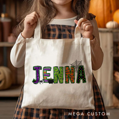 【🔥Big Sale🔥】Personalized Halloween Canvas Tote Bag Kids Trick or Treat Bag School Halloween Kids Gift Toddler Goodie Food Bag