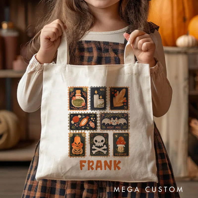 【🔥Big Sale🔥】Personalized Autumn Stamps Canvas Tote Bag with Name Halloween Stamps Tote Trick or Treat Bag Ghouls Gift