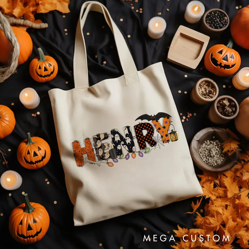 【🔥Big Sale🔥】Personalized Kids Halloween Tote with Name Girl Boy Goodie Trick or Treat Tote Bag for Kids Gift for Halloween