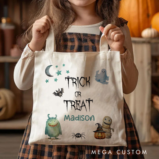 【🔥Big Sale🔥】Personalized Trick or Treat Illustration Featuring Monster Ghost and Name for a Fun Halloween Celebration Tote Bag