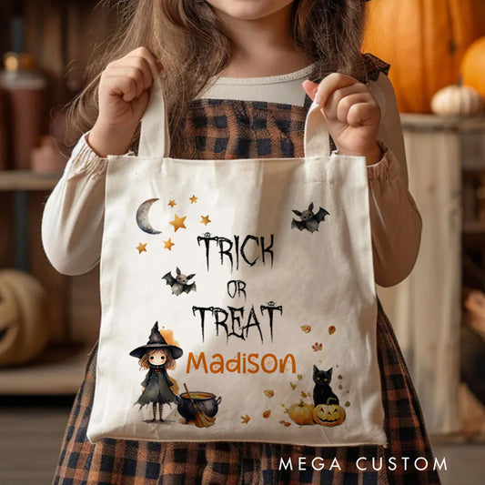 【🔥Big Sale🔥】Personalized Trick or Treat Illustration Featuring Witch Cat and Name for a Spooky Halloween Accent Tote Bag