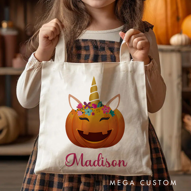 【🔥Big Sale🔥】Personalized Pumpkin Illustration with Floral Crown Featuring Name for a Unique Halloween Accent Tote Bag