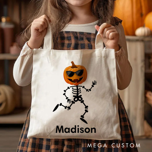 【🔥Big Sale🔥】Personalized Skeleton Illustration with Pumpkin Head Featuring Name for a Playful Halloween Accent Tote Bag