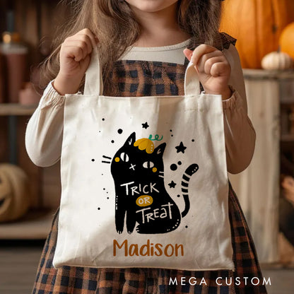 【🔥Big Sale🔥】Personalized Black Cat Trick or Treat Illustration Featuring Name for a Cute and Spooky Halloween Accent Tote Bag