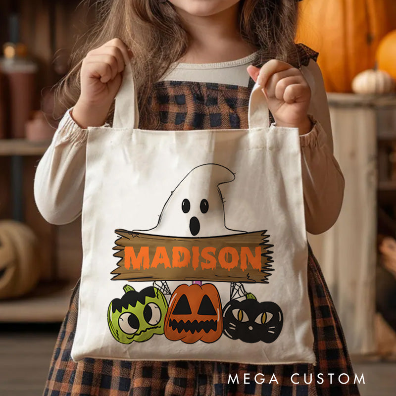 【🔥Big Sale🔥】Personalized Ghost and Pumpkin Illustration Featuring Name for a Cute and Festive Halloween Accent Tote Bag