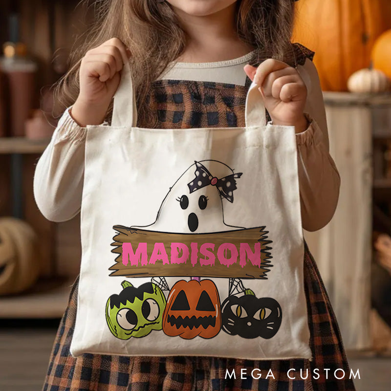 【🔥Big Sale🔥】Personalized Ghost and Pumpkin Illustration Featuring Name with Playful Details for a Halloween Celebration Tote Bag