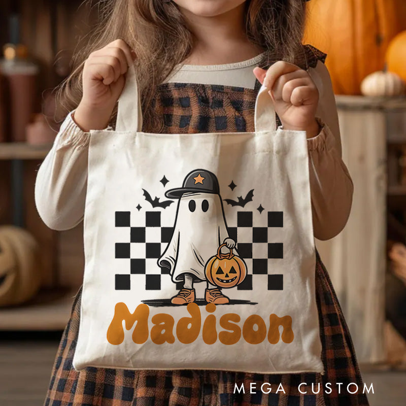 【🔥Big Sale🔥】Personalized Ghost and Checkered Pattern Illustration Featuring Name for a Unique Halloween Accent Tote Bag