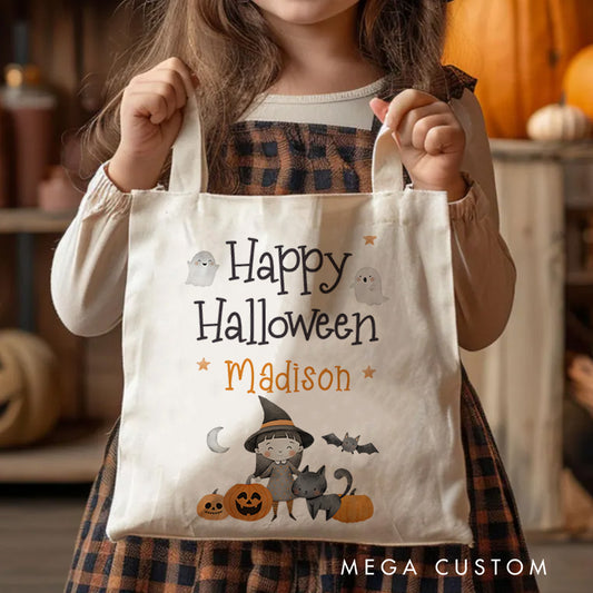 【🔥Big Sale🔥】Personalized Happy Halloween Illustration Featuring Ghosts Pumpkins and Name for a Delightful Halloween Accent Tote Bag