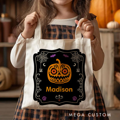 【🔥Big Sale🔥】Personalized Halloween Pumpkin Illustration Featuring Name with Elegant Frame for a Stylish Halloween Accent Tote Bag