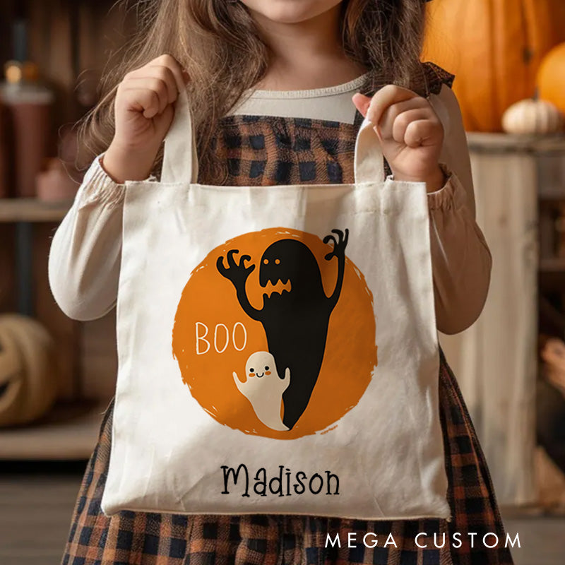 【🔥Big Sale🔥】Personalized Boo Ghost Illustration Featuring Name with Orange Background for a Fun Halloween Celebration Tote Bag