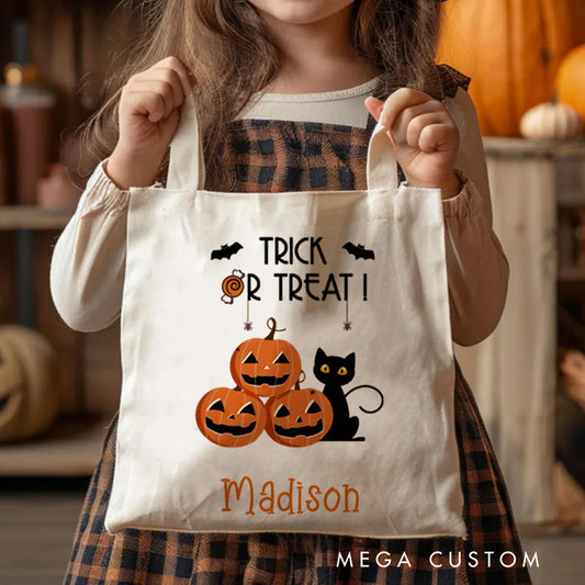 【🔥Big Sale🔥】Personalized Trick or Treat Featuring Pumpkins Cats and Bats for a Fun Halloween Accent Tote Bag