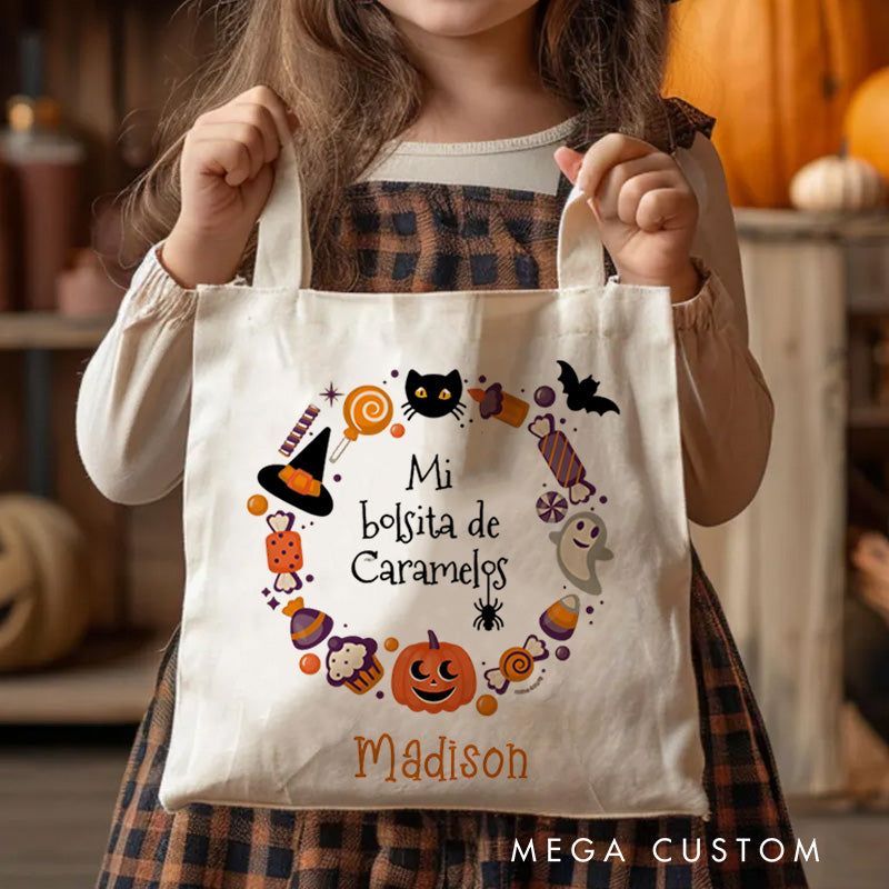【🔥Big Sale🔥】Personalized Halloween Treat Wreath Featuring Candy Pumpkins and Cats for a Festive Celebration Tote Bag