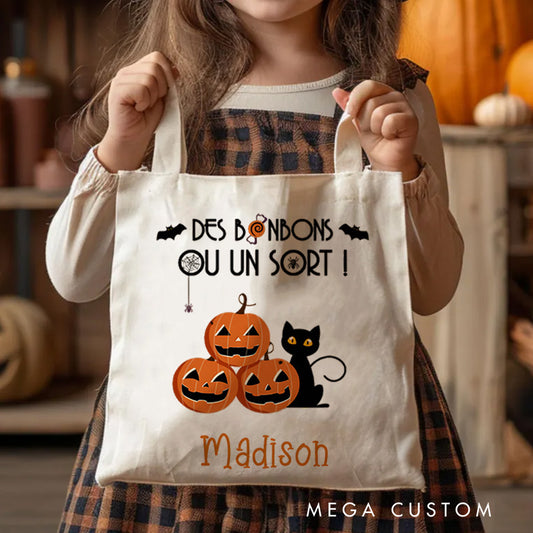 【🔥Big Sale🔥】Personalized Trick or Treat Featuring Pumpkins Cats and Bats for a Fun Halloween Decoration Tote Bag