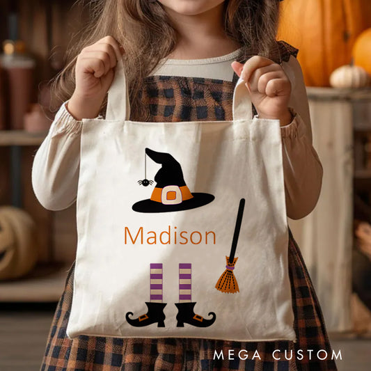 【🔥Big Sale🔥】Personalized Witch Hat and Broom Featuring Name for a Fun Halloween Celebration Tote Bag