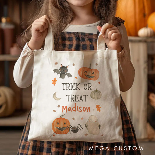 【🔥Big Sale🔥】Personalized Trick or Treat Featuring Pumpkins Ghosts and Name for a Festive Halloween Accent Tote Bag