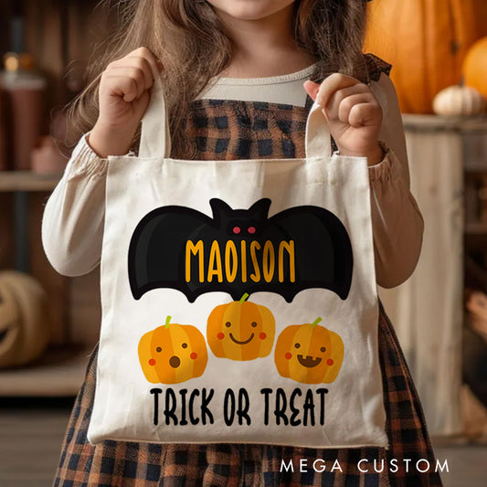 【🔥Big Sale🔥】Personalized Bat and Pumpkin Featuring Name for a Spooky and Playful Trick or Treat Tote Bag