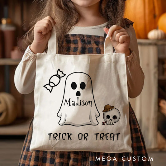 【🔥Big Sale🔥】Personalized Ghost Featuring Name and Skull Accents for a Cute Halloween Celebration Tote Bag