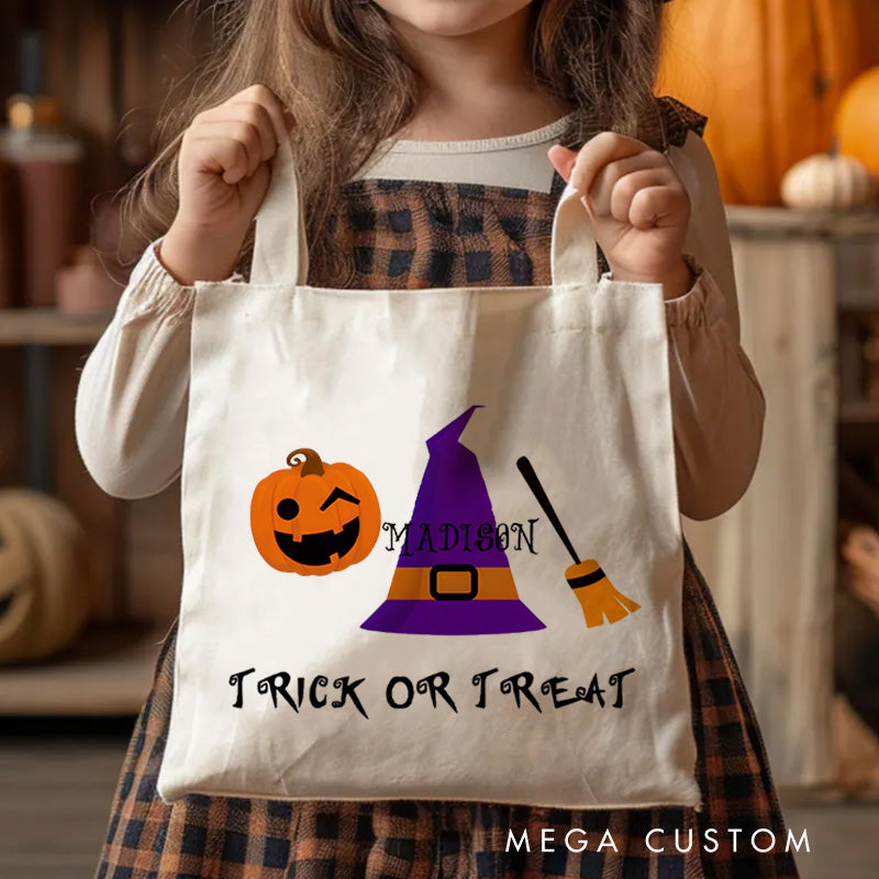 【🔥Big Sale🔥】Personalized Witch Hat and Pumpkin Featuring Name for a Festive Halloween Accent Tote Bag